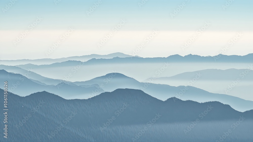 Fototapeta premium Generative AI, Minimalist Aerial View of Serene Mountain Ranges with Soft Cloud Layers