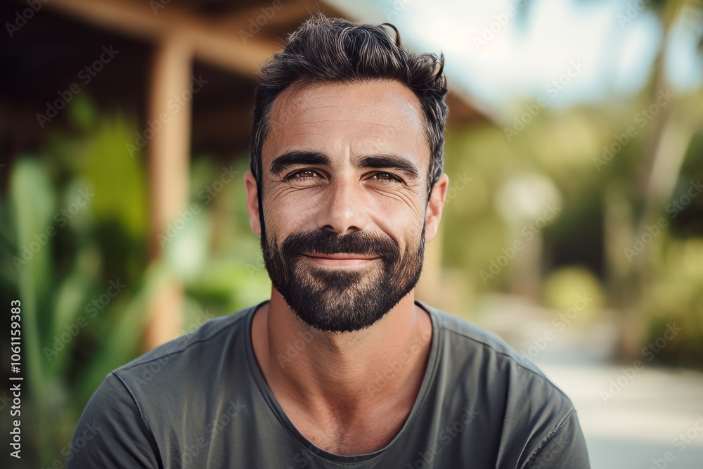 Portrait of a handsome young man with beard and mustache smiling outdoors Portrait of a handsome young man with beard and mustache smiling outdoors
