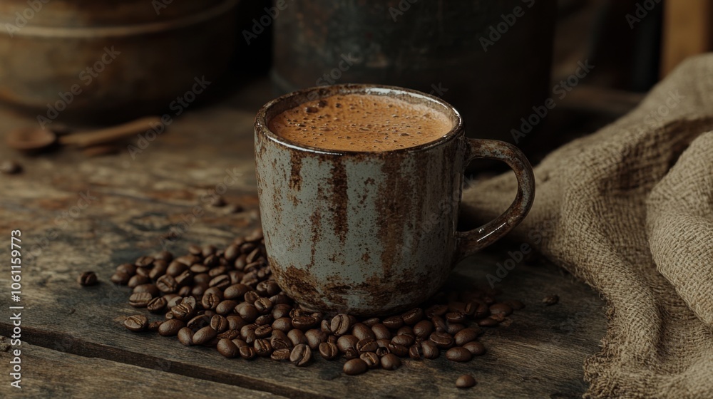 Warm Rustic Mug of Coffee with Coffee Beans, a Barista's Dream, Hot Beverage in a Cozy Setting, Aromatic Coffee Beans Surround a Rustic Mug of Steaming Coffee, Enjoy the Warmth of a Hot Beverage Warm Rustic Mug of Coffee with Coffee Beans, a Barista's Dream, Hot Beverage in a Cozy Setting, Aromatic Coffee Beans Surround a Rustic Mug of Steaming Coffee, Enjoy the Warmth of a Hot Beverage