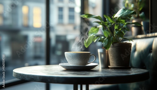 Warm Tones and Steam Elegant Coffee Setup with a Steaming Cup in a Barista Style Setting Perfect for Coffee Lovers and Cafe Enthusiasts