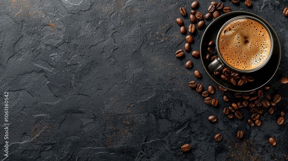 Coffee cup and beans on dark stone background banner with copy space. Coffee cup and beans on dark stone background banner with copy space.