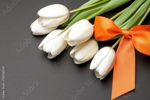 A bunch of white tulipins with an orange bow on a black surface - Animals photo