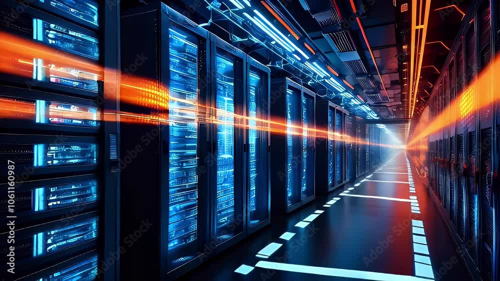 A long corridor of server racks with blue and orange lights. A long corridor of server racks with blue and orange lights.