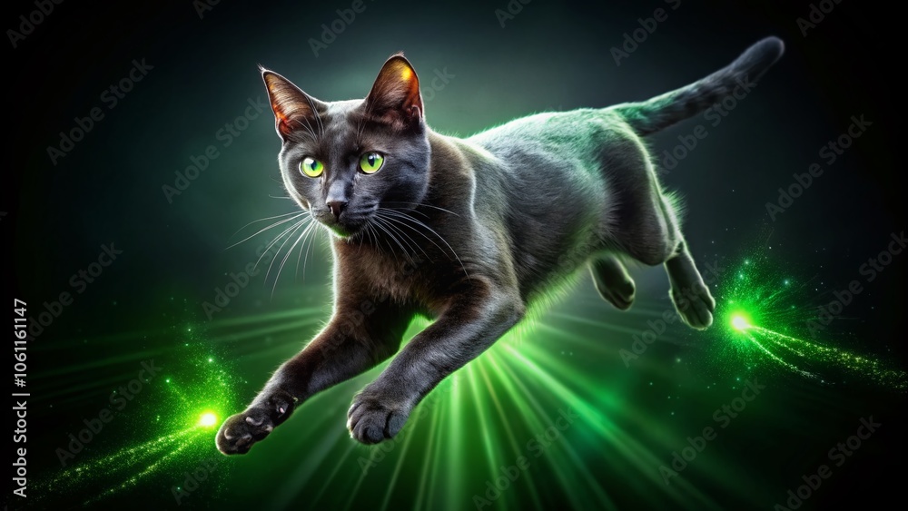 Black Cat in Mid-Jump with Green Lens Flares on Black Background - Captivating Product Photography for Cat Lovers and Pet Accessories Black Cat in Mid-Jump with Green Lens Flares on Black Background - Captivating Product Photography for Cat Lovers and Pet Accessories