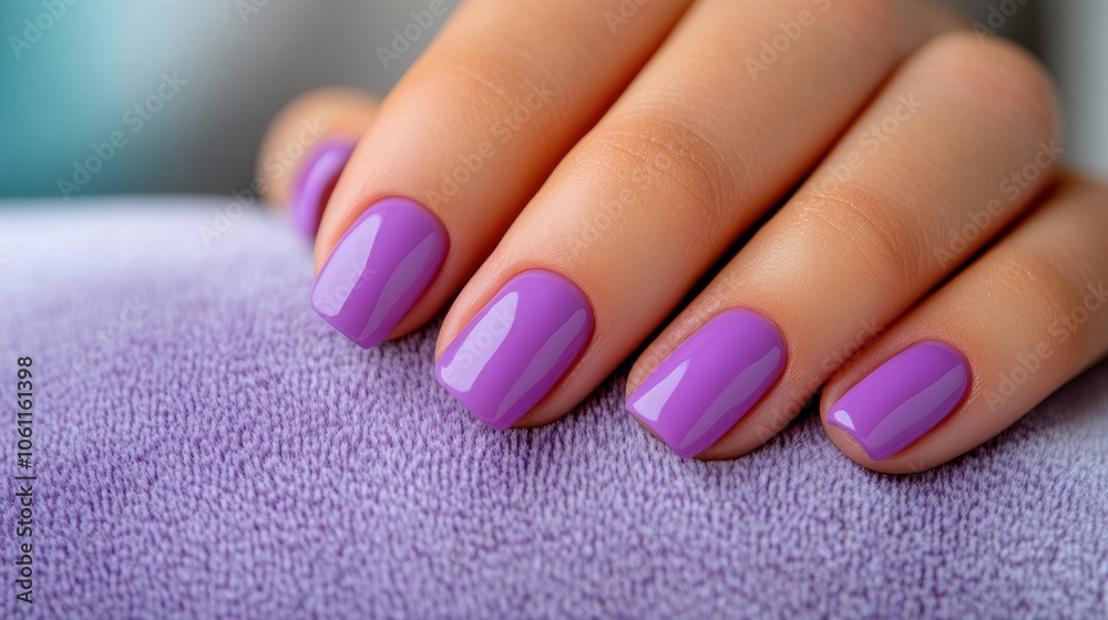Vibrant purple manicure on neatly groomed nails resting on a soft lavender towel, AI Vibrant purple manicure on neatly groomed nails resting on a soft lavender towel, AI