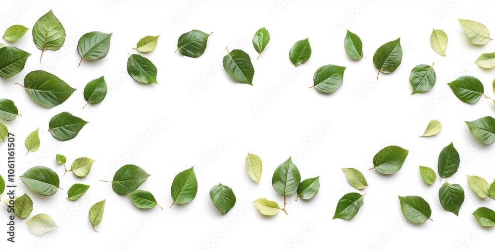 A collection of green leaves arranged artistically on a white background. A collection of green leaves arranged artistically on a white background.