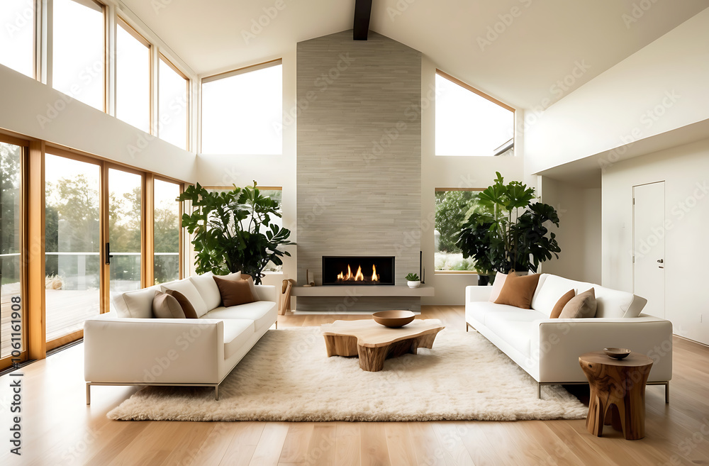 Fototapeta premium Scandinavian interior design of modern bright living room with minimalistic design, white sofas, natural wood accents, and central fireplace. Large windows and indoor plants