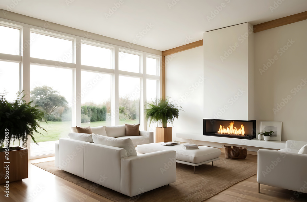 Fototapeta premium Scandinavian interior design of modern bright living room with minimalistic design, white sofas, natural wood accents, and central fireplace. Large windows and indoor plants