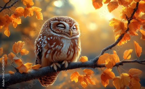 A whimsical owl alights gracefully on a branch amid the bright autumn foliage of a colorful forest photo