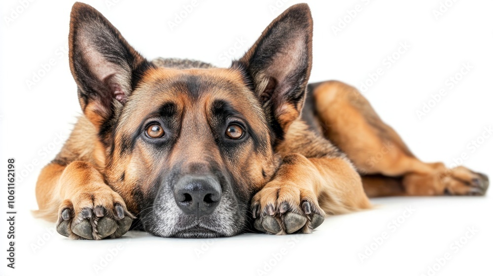 A German Shepherd dog lying down with a thoughtful expression. A German Shepherd dog lying down with a thoughtful expression.