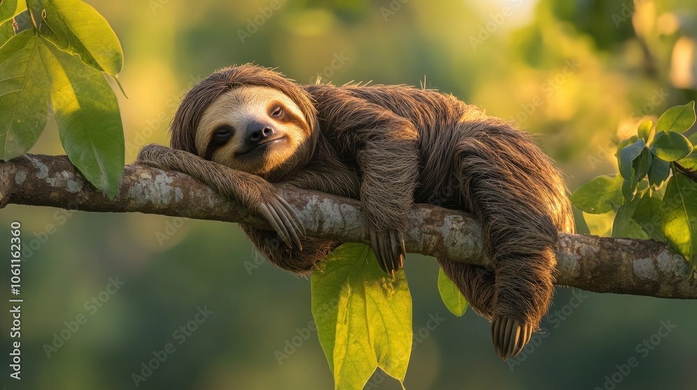 A sloth lounging on a branch surrounded by green leaves in a serene environment. A sloth lounging on a branch surrounded by green leaves in a serene environment.