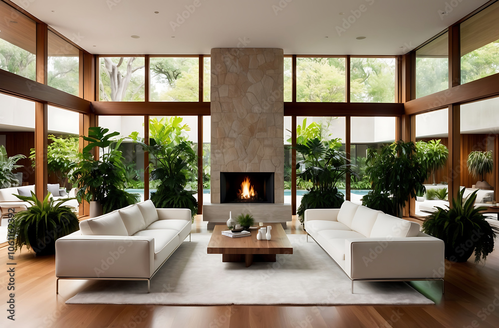 Fototapeta premium Scandinavian interior design of modern bright living room with minimalistic design, white sofas, natural wood accents, and central fireplace. Large windows and indoor plants