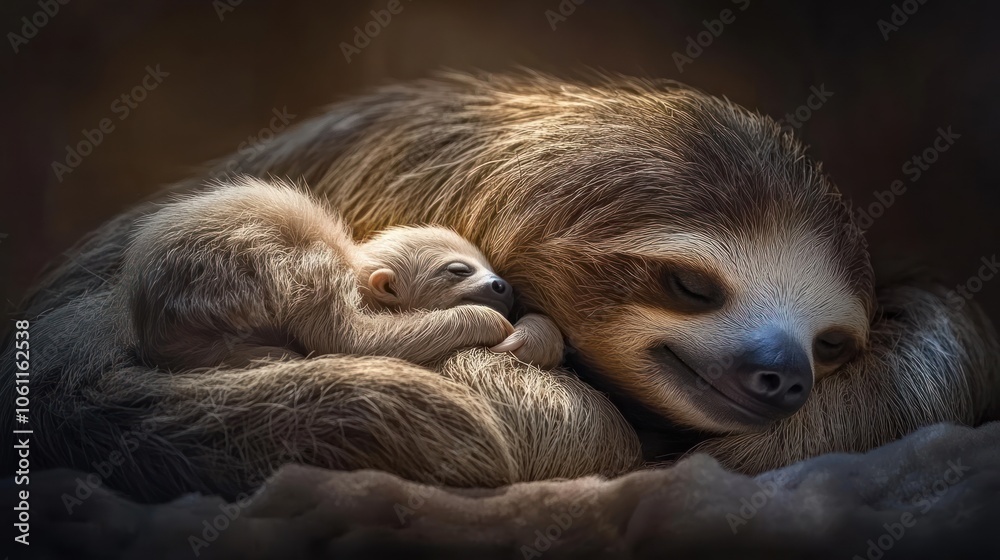 Naklejka premium A mother sloth cuddles with her baby in a serene, warm setting.