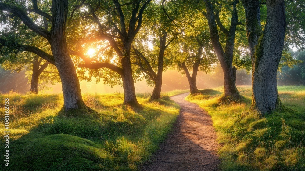 Fototapeta premium A serene forest path illuminated by sunlight filtering through lush trees.
