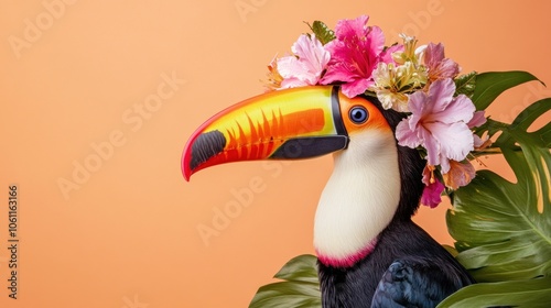 A colorful toucan adorned with flowers against a vibrant background. photo