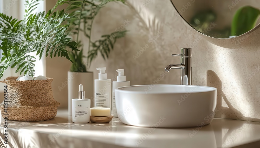 Fototapeta premium Daily skincare regimen with vibrant products, sleek bathroom counter, soft lighting, neutral tones, minimalist style