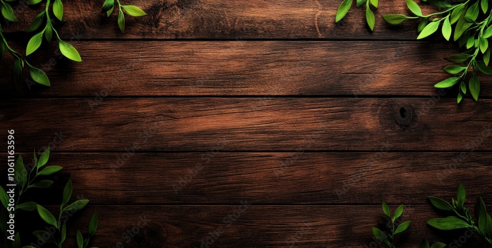 Obraz premium A wooden surface adorned with green leaves, creating a natural and inviting atmosphere.