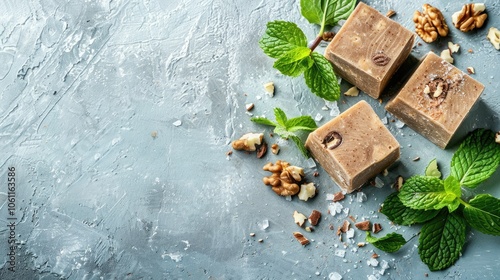 Tasty halva and mint on light blue table, close-up. Room for text. photo