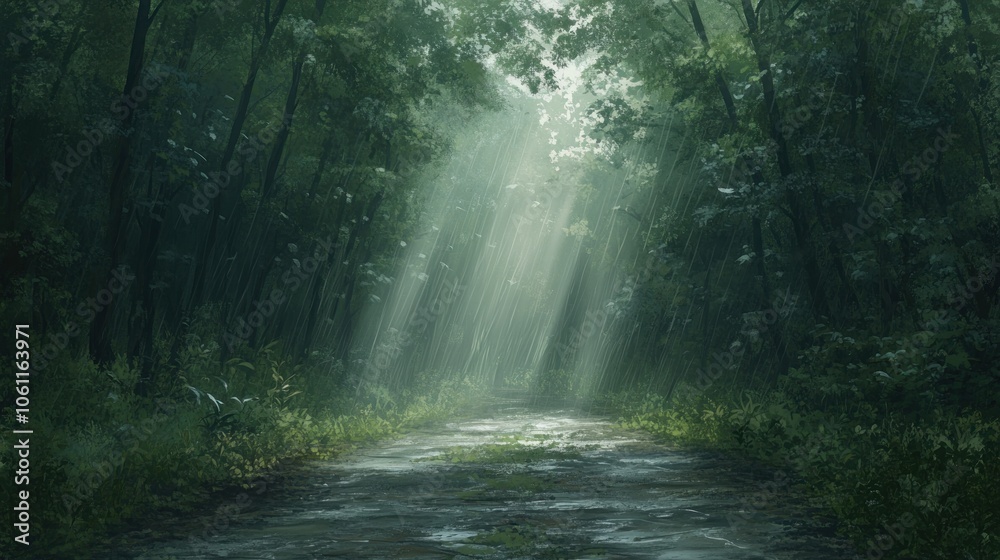 A serene forest path illuminated by soft sunlight filtering through the trees. A serene forest path illuminated by soft sunlight filtering through the trees.