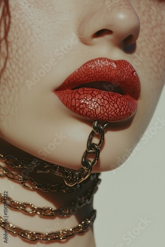 Close-up of red cracked lips with gold chain jewelry