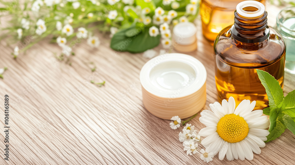 Various essential oils and aromatherapy items arranged beautifully with flowers on a wooden background Various essential oils and aromatherapy items arranged beautifully with flowers on a wooden background