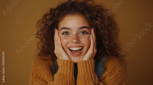 Joyful Surprise Expression of a Young Womant. The warm-toned background. A moment of genuine happiness and excitement photo