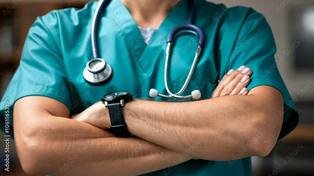 A healthcare worker stands confidently with arms crossed, dressed in scrubs and a stethoscope, surrounded by a clinical environment and ready to provide care A healthcare worker stands confidently with arms crossed, dressed in scrubs and a stethoscope, surrounded by a clinical environment and ready to provide care