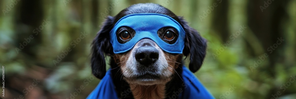 A dog wearing a blue superhero mask and cape, posing in a forest setting. A dog wearing a blue superhero mask and cape, posing in a forest setting.