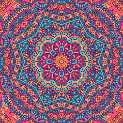 Festive seamless pattern mandala. Ethnic geometric mandala doodle print. Colorful repeating background mexican bright colors texture art