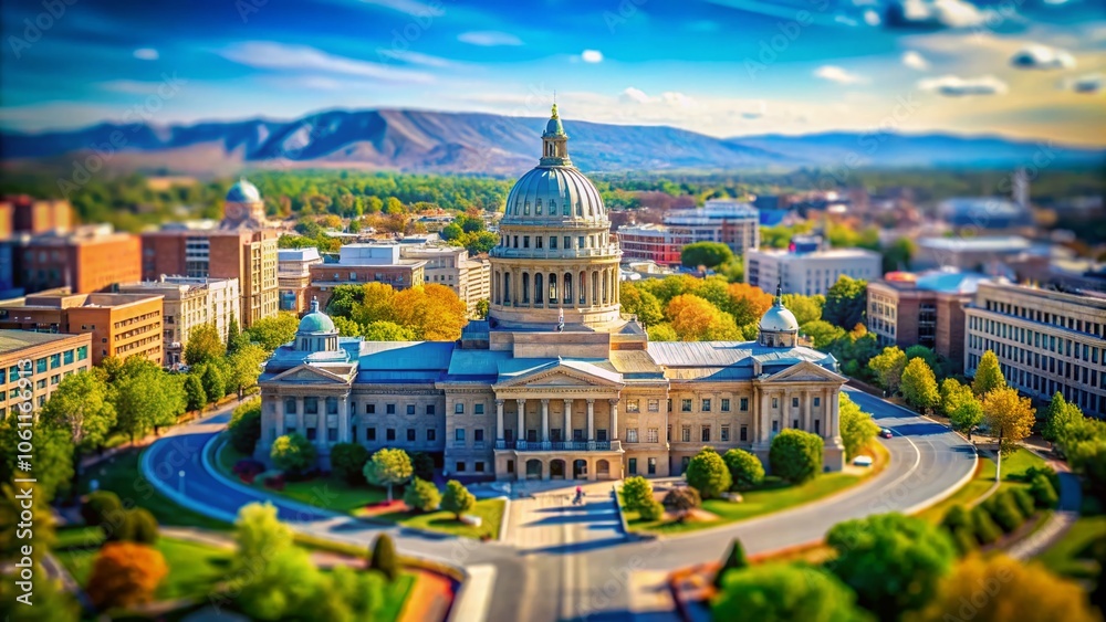 Naklejka premium Captivating Tilt-Shift Photography of Boise State Capitol with Dramatic Shallow Depth of Field and Engaging Perspective for Architectural and Cityscape Imagery