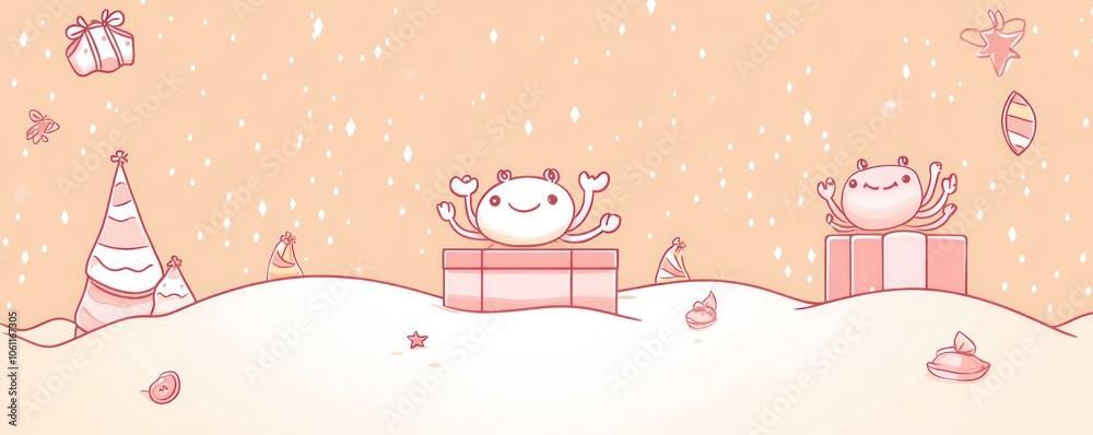 Cute cartoon scene with characters on gifts in a snowy landscape. Cute cartoon scene with characters on gifts in a snowy landscape.