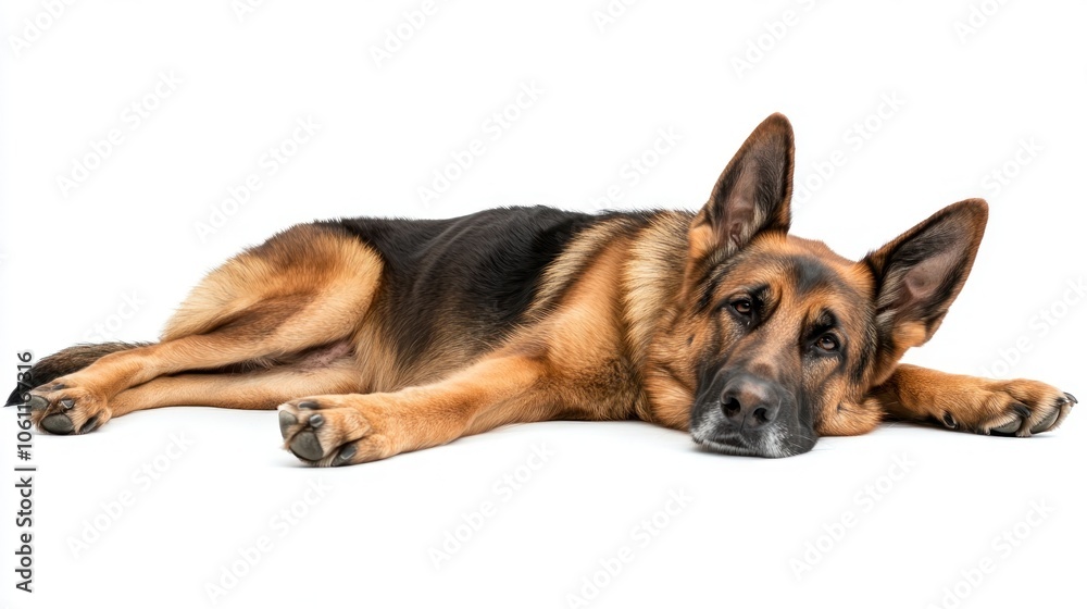 A German Shepherd lying down with a relaxed expression on a white background. A German Shepherd lying down with a relaxed expression on a white background.