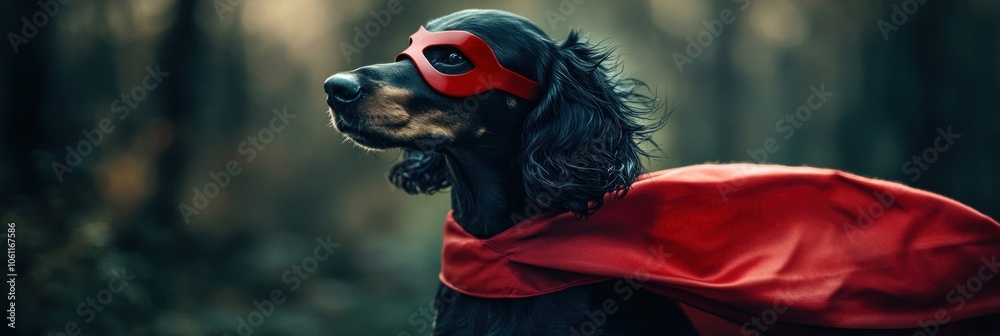 A dog dressed as a superhero with a cape and mask in a forest setting. A dog dressed as a superhero with a cape and mask in a forest setting.
