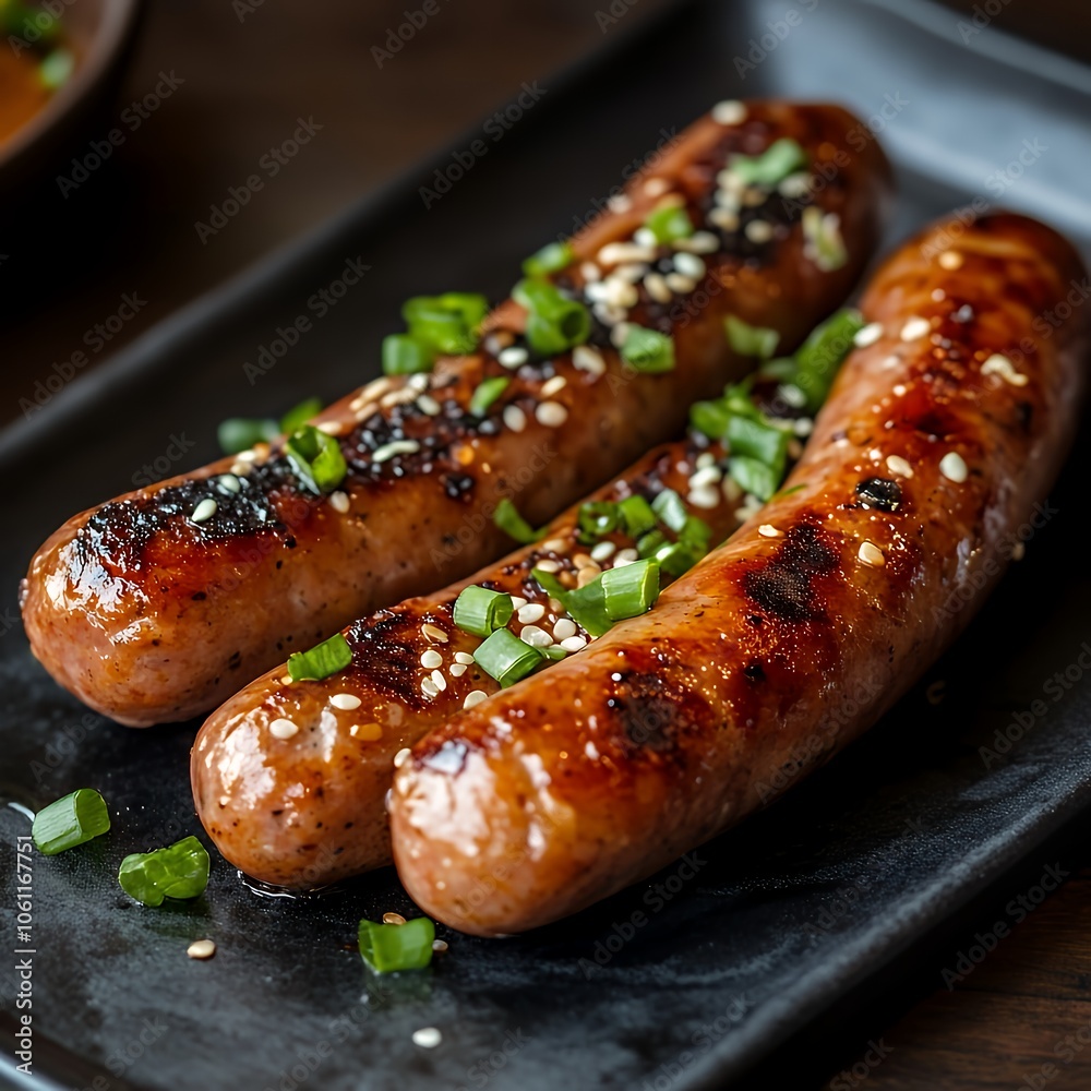 Three grilled sausages on a black plate with sesame seeds and green onions. Three grilled sausages on a black plate with sesame seeds and green onions.