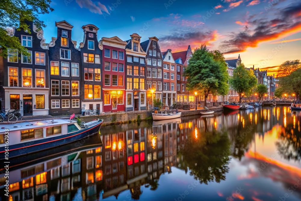 Obraz premium Charming Amsterdam Canal Houses at Dusk with Reflective Water and Serene Atmosphere