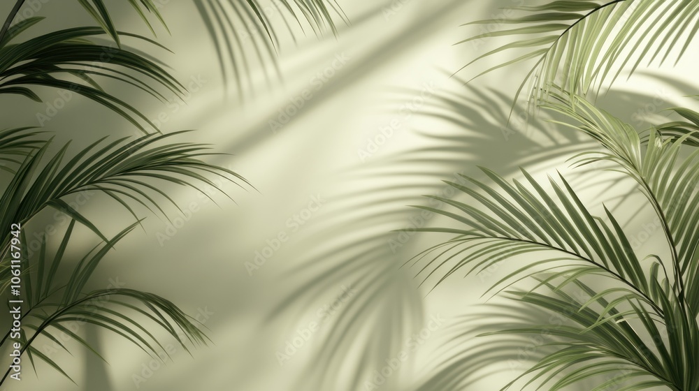 Fototapeta premium Lush green palm leaves casting shadows on a light wall, creating a serene atmosphere.