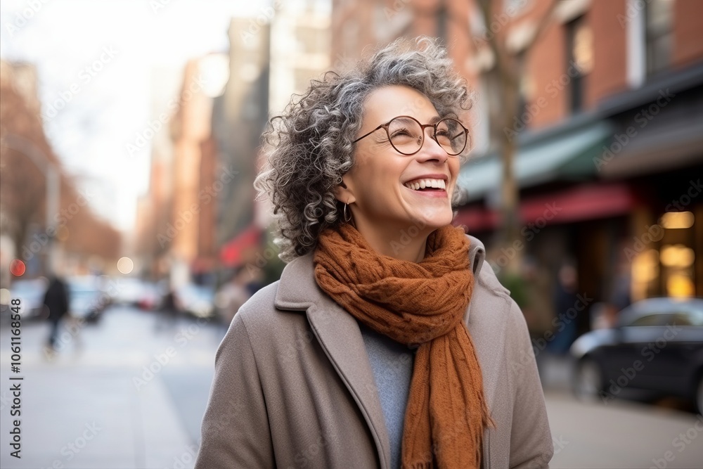 Portrait of a smiling middle-aged woman wearing eyeglasses in the city Portrait of a smiling middle-aged woman wearing eyeglasses in the city