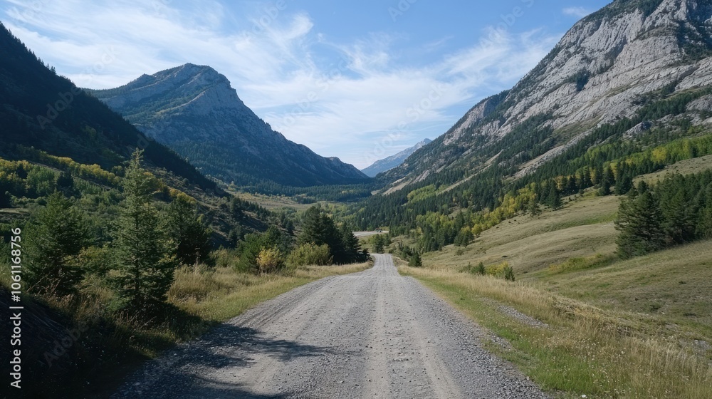 A serene gravel road winding through a picturesque mountain valley under a clear blue sky. A serene gravel road winding through a picturesque mountain valley under a clear blue sky.