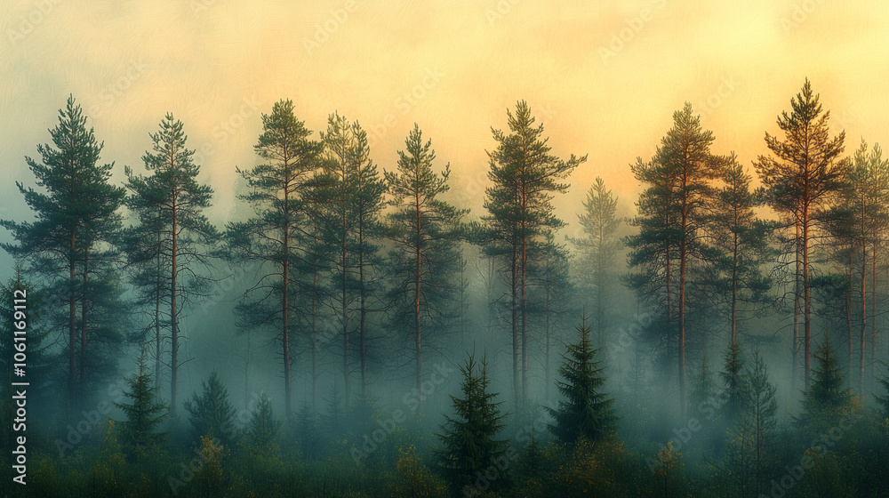 golden dawn illuminating misty pine trees in a quiet forest creating a peaceful scene with soft sunlight and lingering fog golden dawn illuminating misty pine trees in a quiet forest creating a peaceful scene with soft sunlight and lingering fog