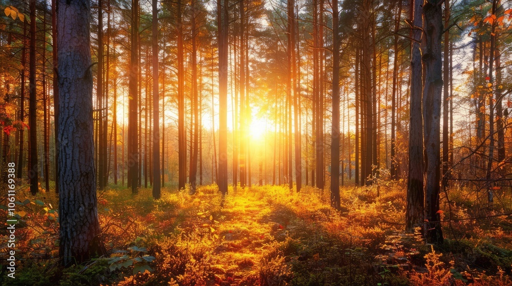 Obraz premium Sunset through autumn trees in a forest