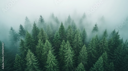 A misty forest landscape filled with dense evergreen trees creating a serene atmosphere.