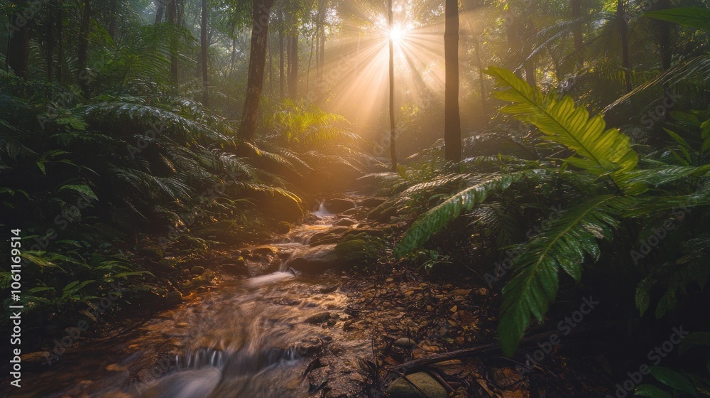 Obraz premium A serene forest scene with sunlight filtering through trees and a gentle stream.