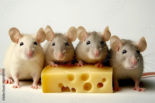 Four cute rats looking at a slice of Swiss cheese. photo