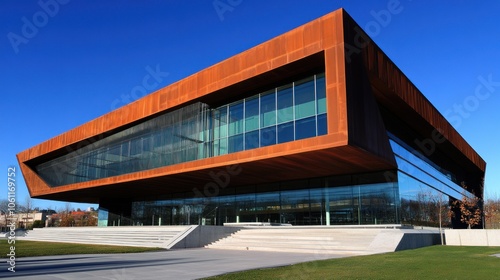 Modern architectural building with a unique design and large glass windows.