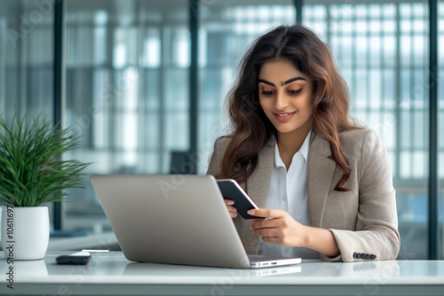 Professional woman in a modern office using smartphone and laptop business communication, digital work, and female professionals.