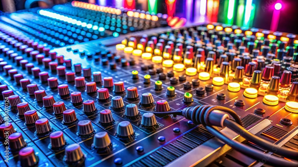 Fototapeta premium Closeup of an Audio Mixer with Vibrant Controls and Cables in a Professional Studio Environment for Music Production and Sound Engineering