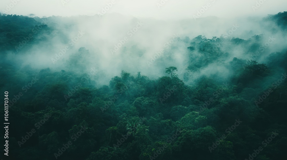 Aerial view of a misty rainforest, showcasing dense foliage and atmospheric conditions. Aerial view of a misty rainforest, showcasing dense foliage and atmospheric conditions.