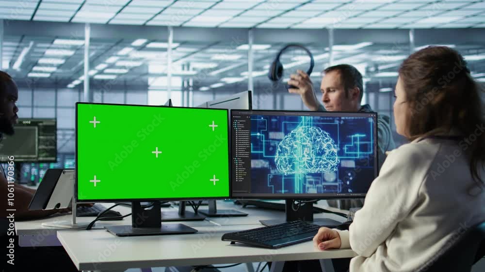 Employee working on green screen computer in server hub, using AI to process data. IT developer at chroma key PC updating servers controlling network resources using artificial intelligence, camera B Employee working on green screen computer in server hub, using AI to process data. IT developer at chroma key PC updating servers controlling network resources using artificial intelligence, camera B