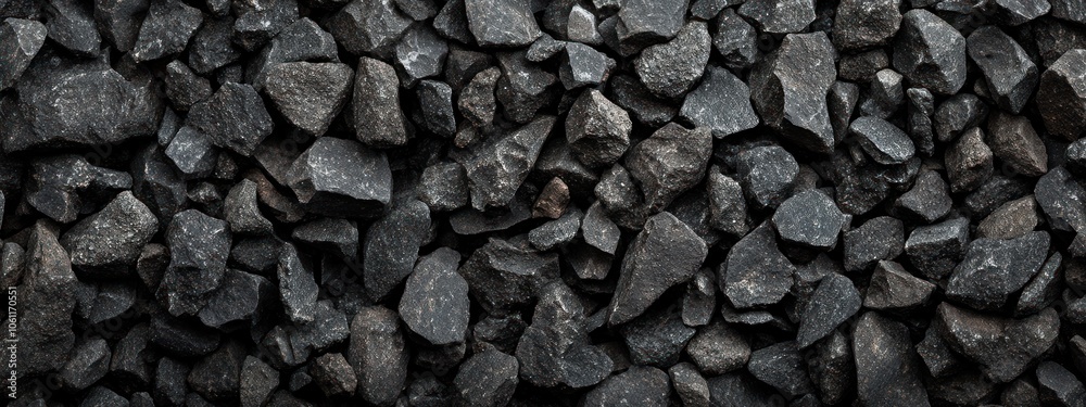 A close-up view of various sizes of dark, textured rocks arranged closely together.