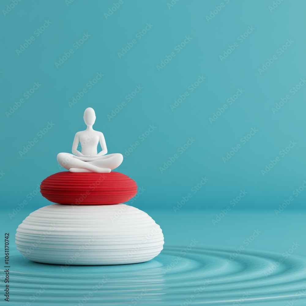 White figure meditating on red and white stones with ripples on blue background. White figure meditating on red and white stones with ripples on blue background.